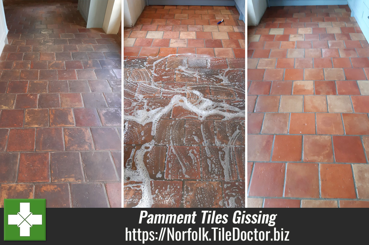 Grubby Pamment Tiled Floor Deep Cleaned with Tile Doctor Remove and Go in Gissing Norfolk