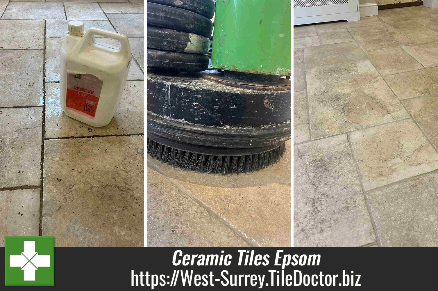 Using Tile Doctor Remove and Go to Clean Grubby Ceramic Tile and Grout in Epsom Surrey