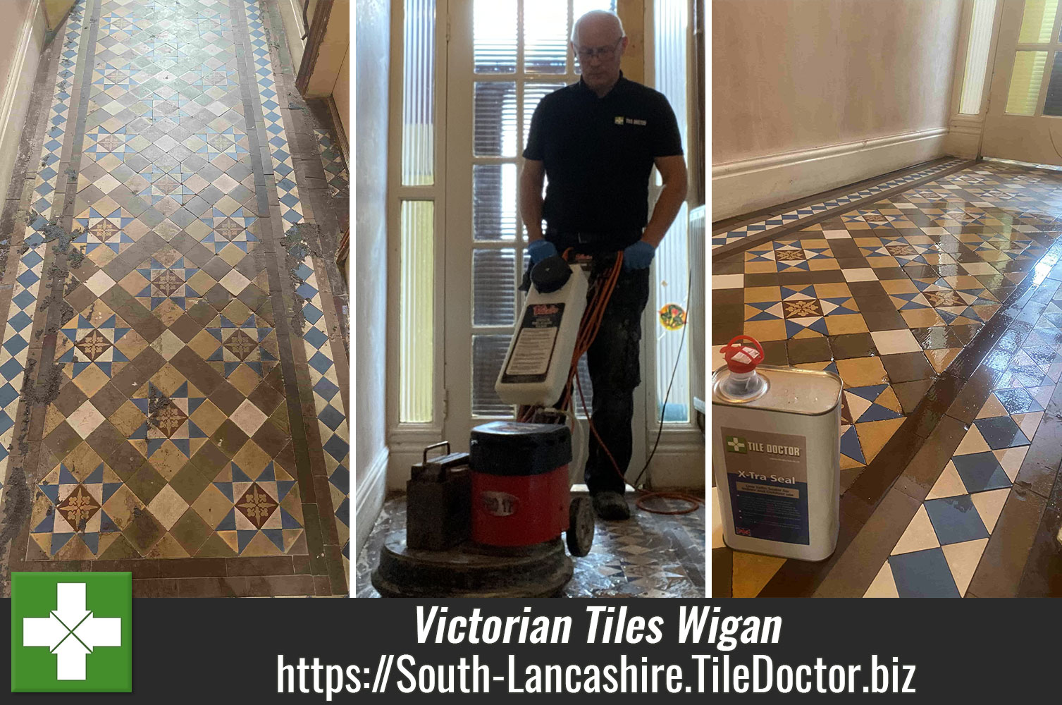 Low Moisture Tile Doctor Gel Cleaning Products Used to Renovate an Original Victorian Tiled Hallway Floor in Wigan