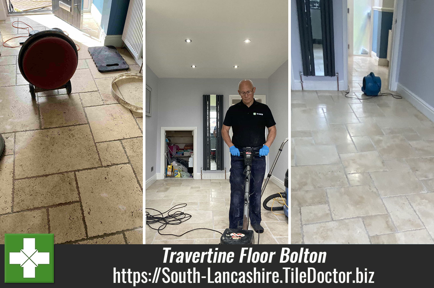 Using Tile Doctors Silicone Carbide Brushes to Deep Clean Travertine Tiled Flooring in Bolton Lancashire