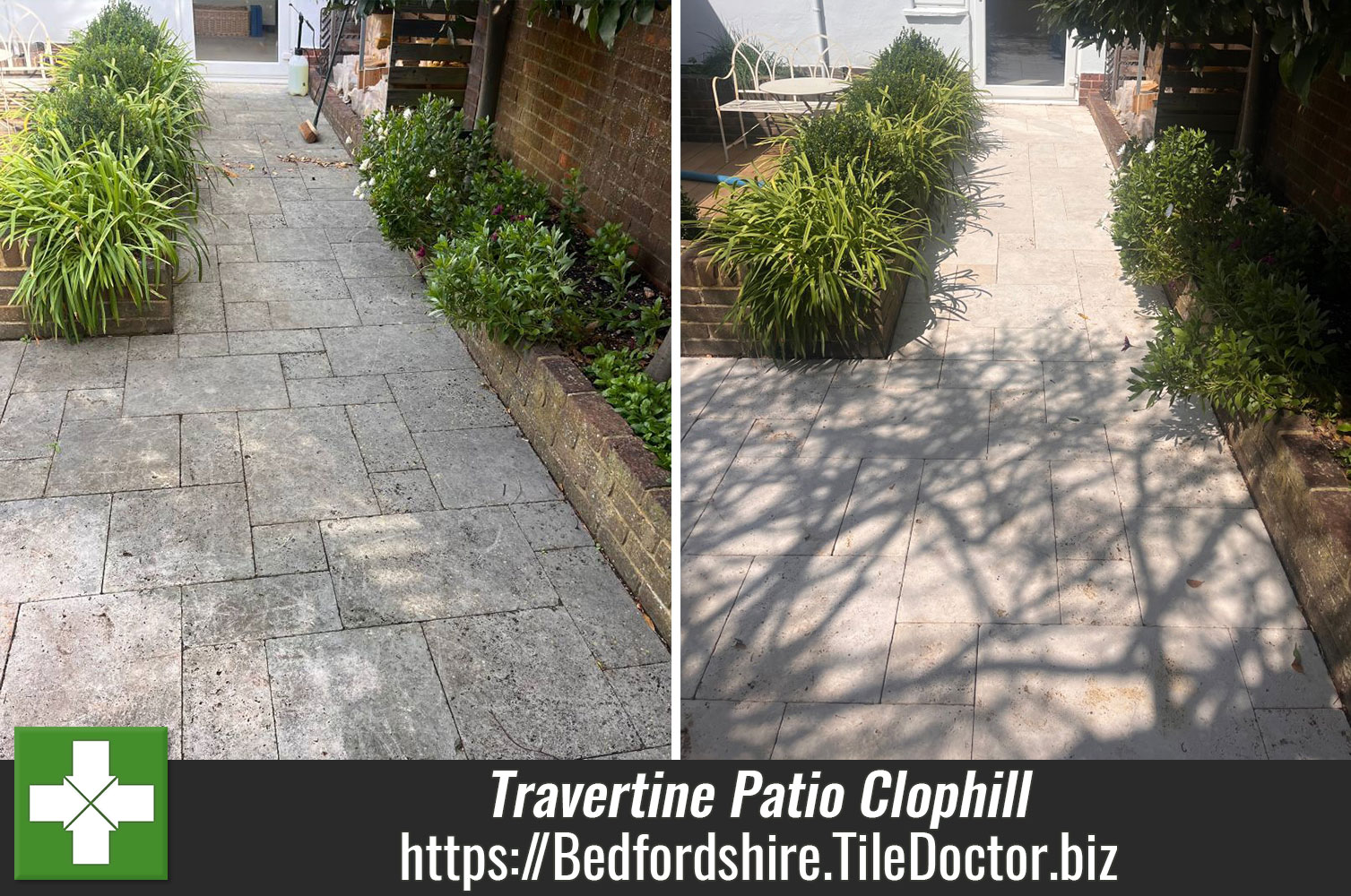 Tile Doctor Drive and Patio Cleaner Used to Renovate a Travertine Patio in Clophill Bedfordshire