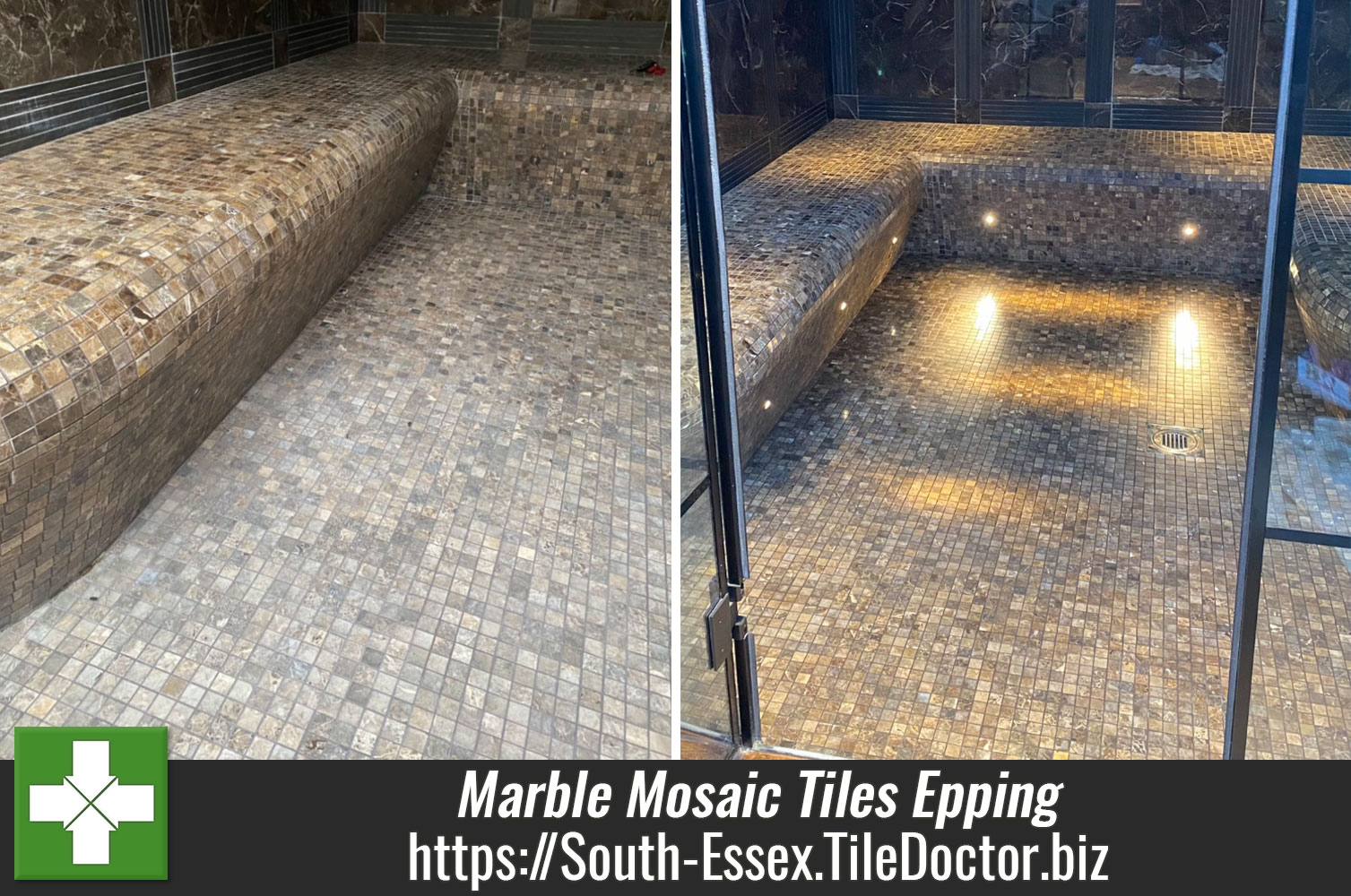 Using 6-Inch Burnishing Pads to achieve a Detailed Clean of Marble Mosaic Tile and Grout in an Epping Sauna