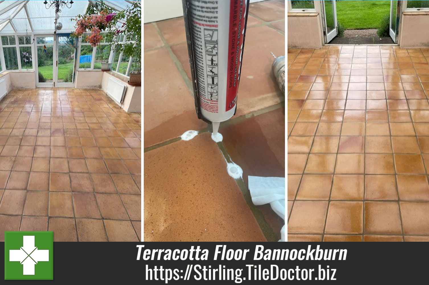 A Strong 2:1 Dilution of Tile Doctor Pro-Clean used to Strip Old Sealers off a Terracotta Floor in Bannockburn Stirlingshire