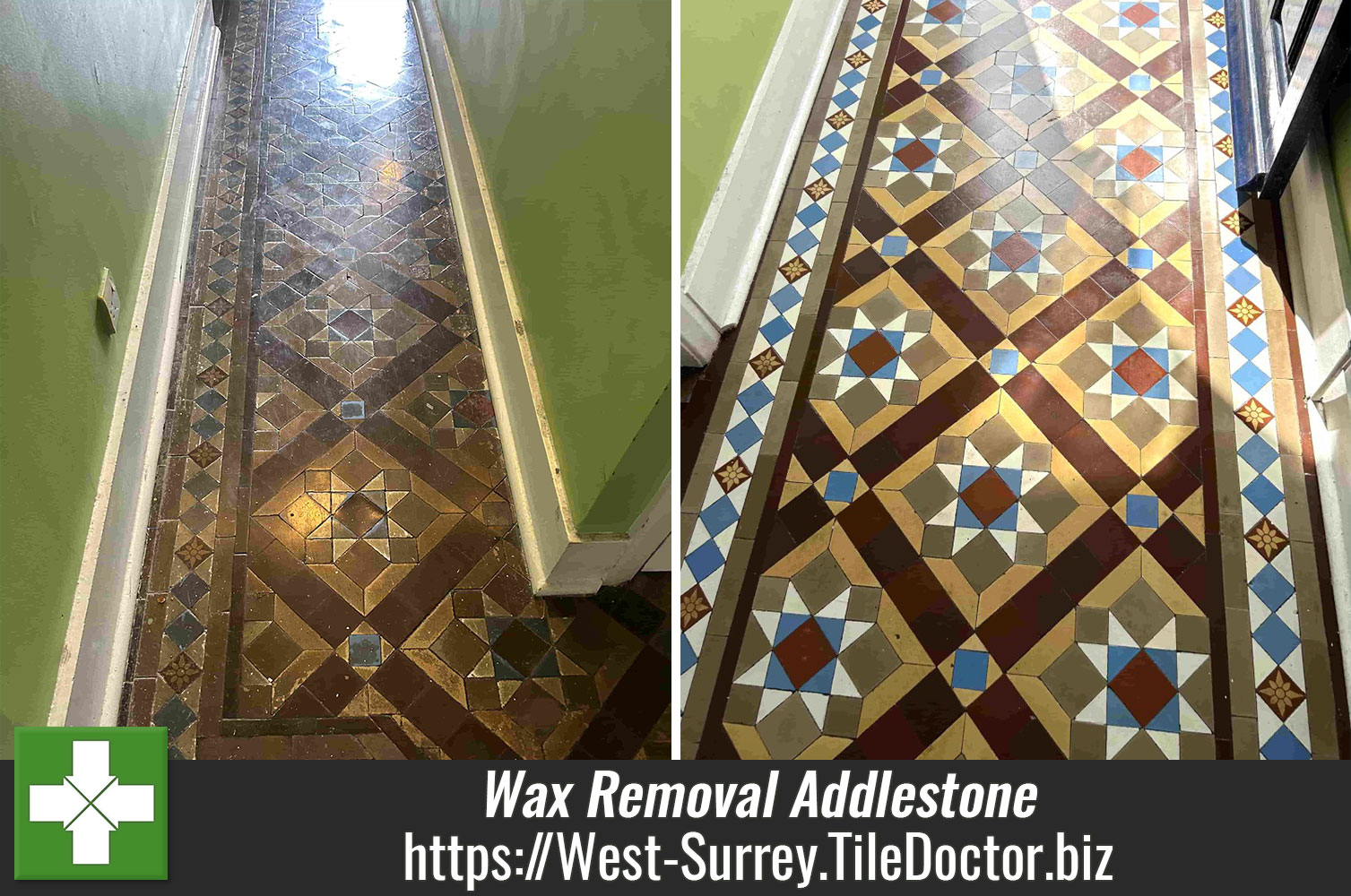 Removing Wax from Victorian Tiles with Tile Doctor Remove and Go in Addlestone Surrey