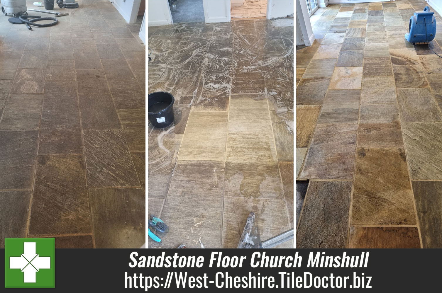 Deep Cleaning Ingrained Dirt from Sandstone Kitchen Flooring with Tile Doctor Pro-Clean in Church Minshull Nantwich