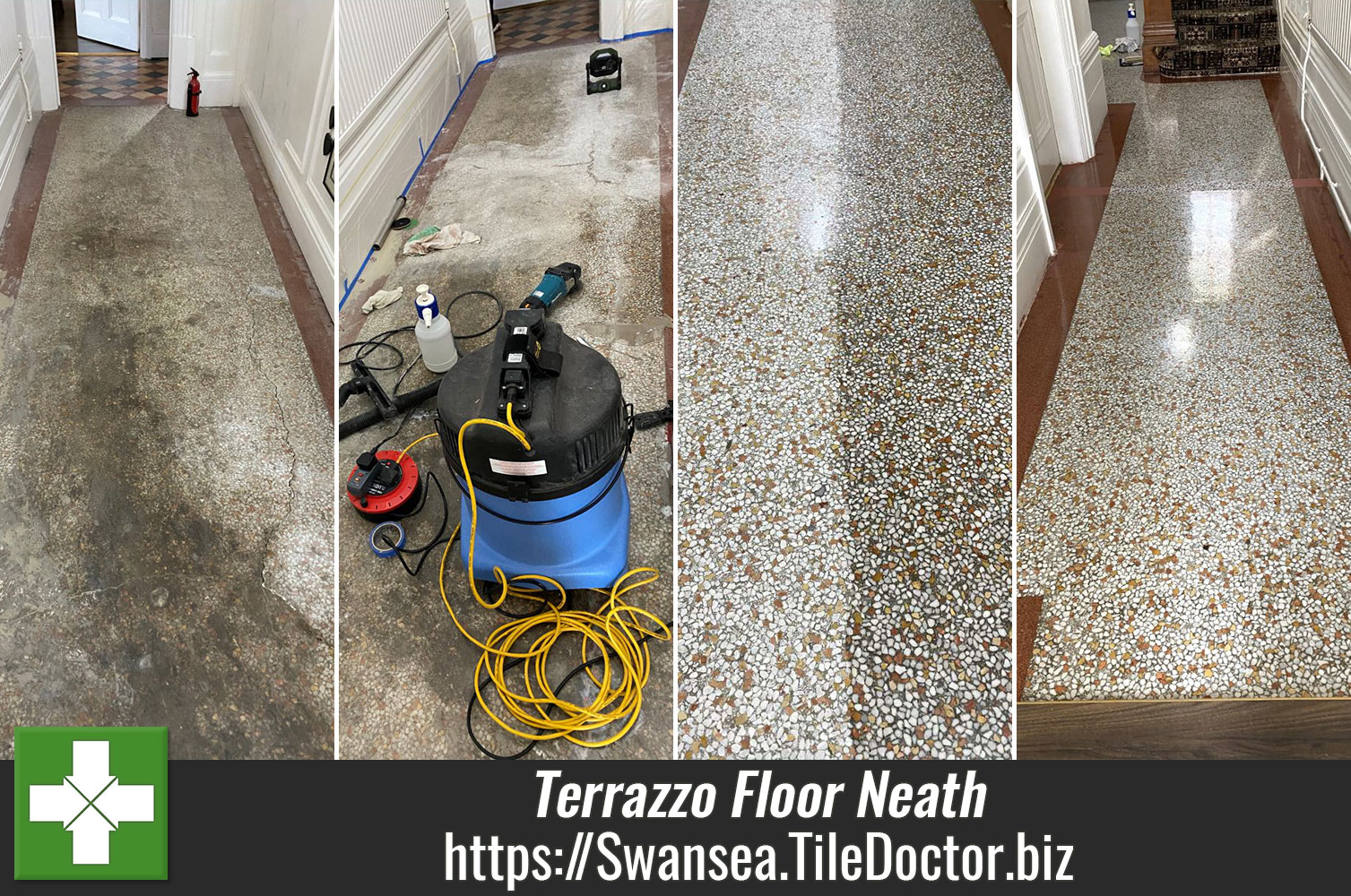 Restoring Terrazzo Flooring in Neath Swansea with Tile Doctor Stone Burnishing Pads