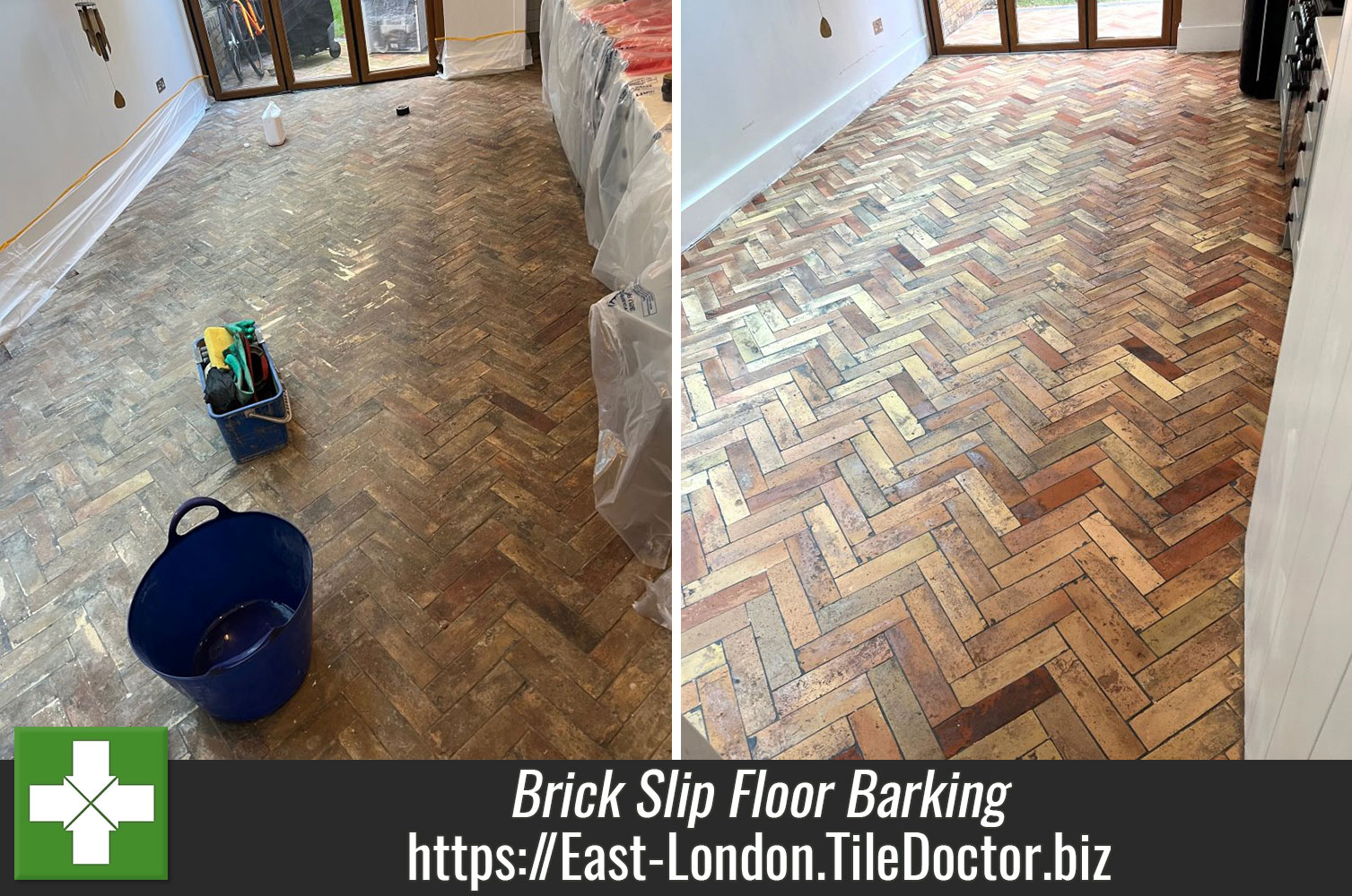 Deep Cleaning a Badly Stained Brick Slip Kitchen Floor with Tile Doctor Remove and Go in Barking East London