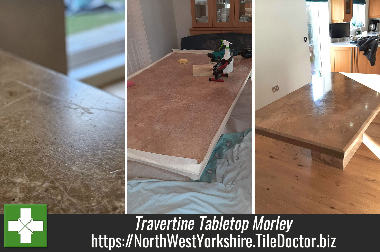 Polishing the Scratches out of a Travertine Tabletop with Tile Doctor Burnishing Pads in Morley Leeds