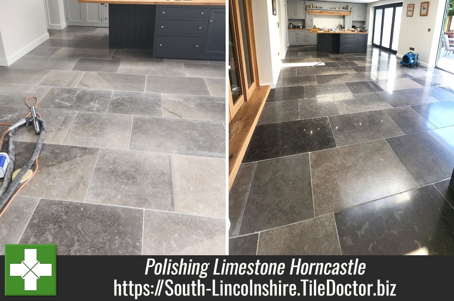 Honing Limestone Flooring to Restore Polish with Tile Doctor Burnishing Pads in a Horncastle Lincolnshire