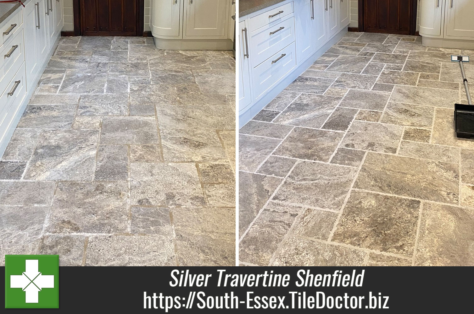 Renovating a Silver Travertine Kitchen Floor with Tile Doctor Burnishing Pads in Shenfield Essex